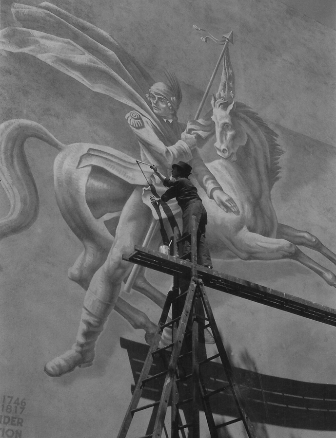 Meière on scaffold touching up her mural before being told she was not permitted to work on it