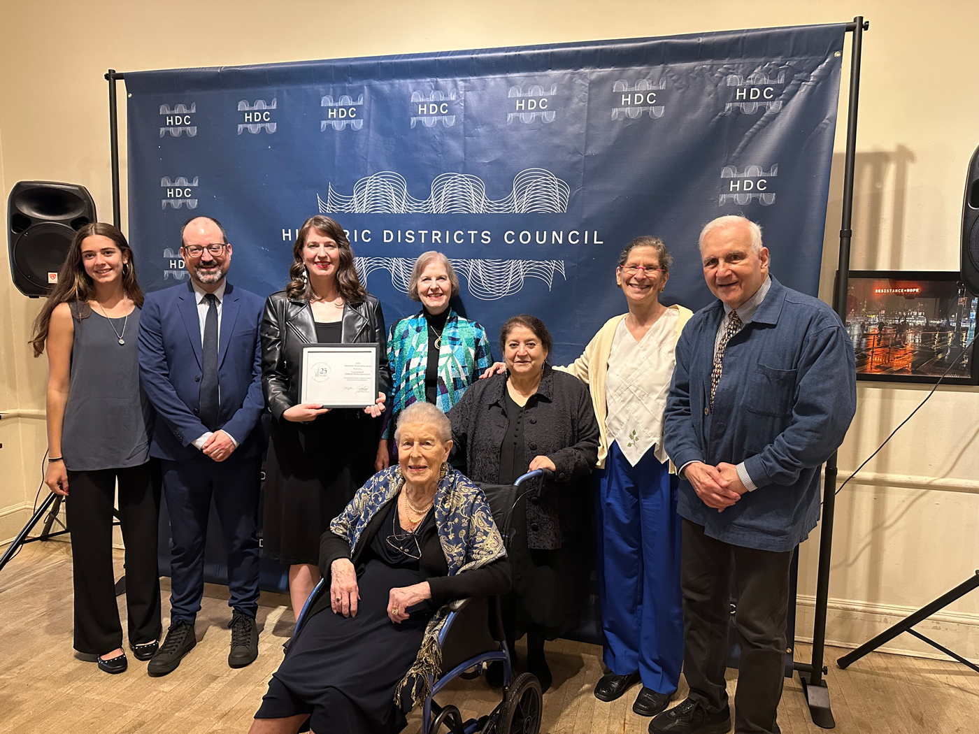 Back Row Left to Right: Roxanne Bachana, Great-Great-Niece of Hildreth Meière, Frampton Tolbert, HDC Executive Director, Anna Kupik, IHMA President, Hilly Dunn, IHMA Vice President, Kathleen Willsey, IHMA Treasurer, Eve Kahn, HDC Board of Advisers, Joseph LoSchiavo, IHMA Board Member. Front Row: Louise Meière Dunn, IHMA President Emerita, and daughter of Hildreth Meière Photo credit: International Hildreth Meière Association
