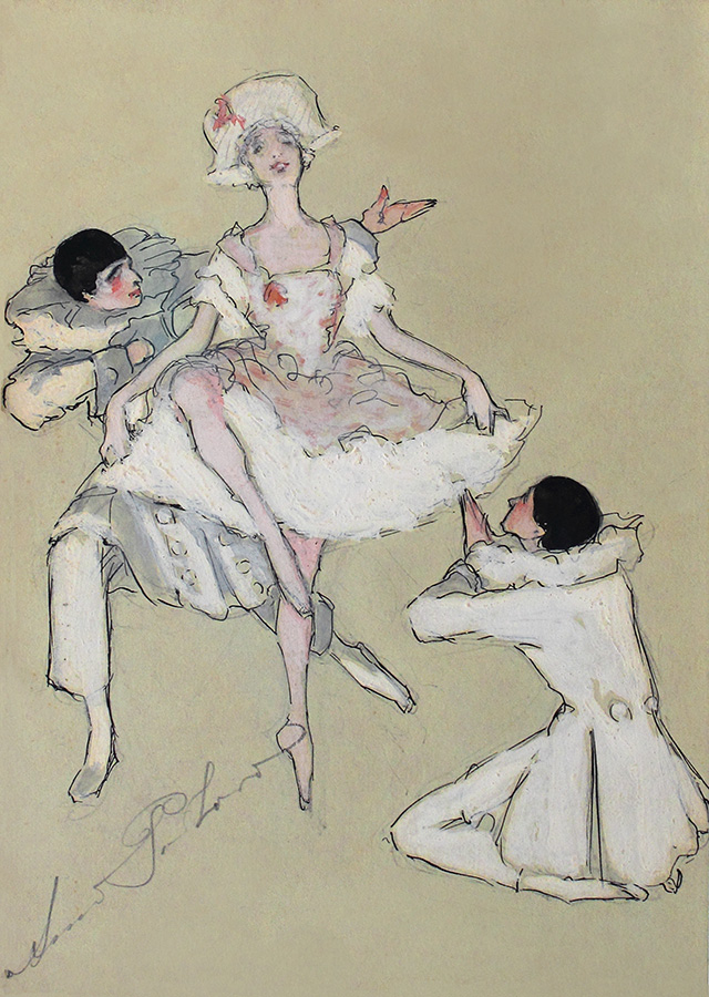 Anna Pavlova performing in Les Coquetteries de Columbine at the Cort Theatre, San Francisco, CA, sketch in gouache on paper, 1915. Signed by Pavlova, (Private Collection)