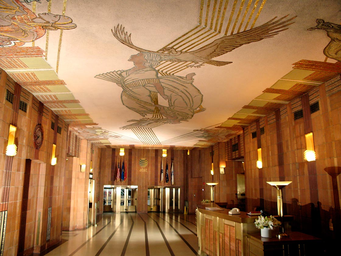 Lobby ceiling with Continents Linked by the Telephone and Wireless in silhouette mosaic and colored plaster