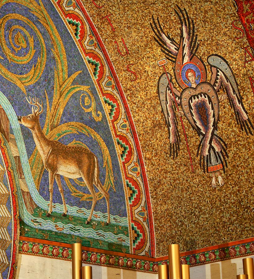Majolica frieze at base of Drinking Deer on right side of north wall