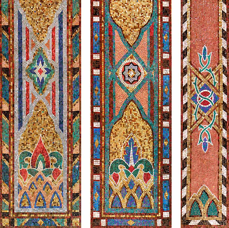 Details of Art Deco-style vertical bands in Byzantine-style glass mosaic