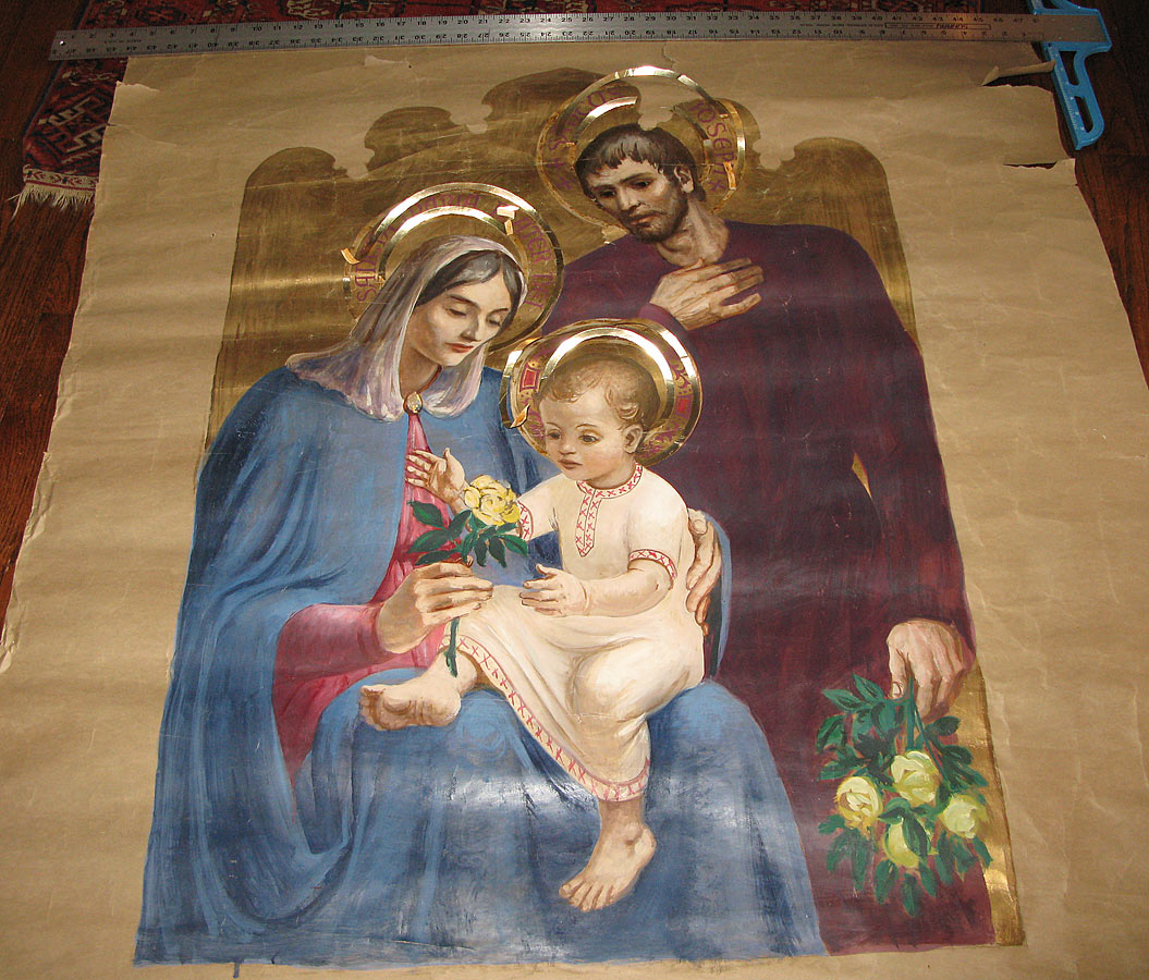 Full-scale cartoon for the Holy Family in gouache on brown paper, with applied gold foil for the Holy Family’s halos and gold paint for the background