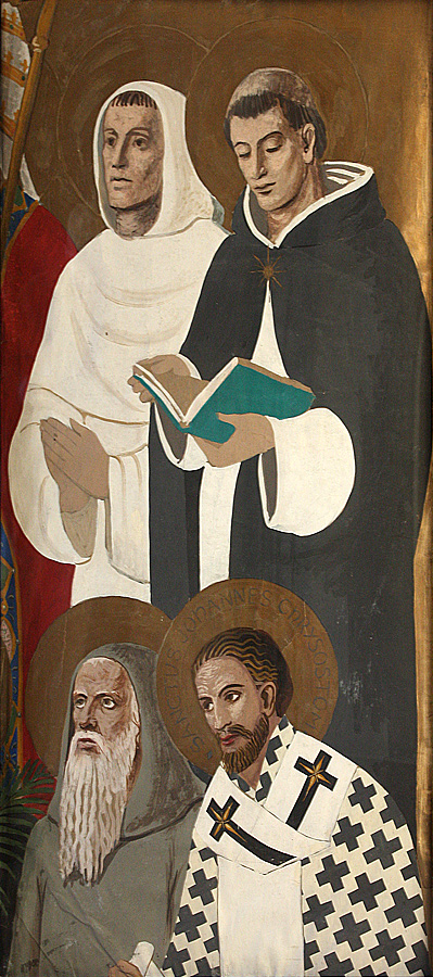 Full-scale study for four saints on right side panel in gouache on paper