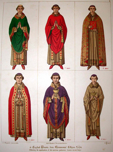Augustus Welby Pugin, “English Priests, from Monumental Effigies Shewing the application of the various patterns, drawn out at large” in Bernard Smith: Glossary of Ecclesiastical Ornament and Costume, compiled from ancient authorities and examples. (London: 1868, third edition), pl. 4. University of Glasgow, Sp Coll Mu6-x.17