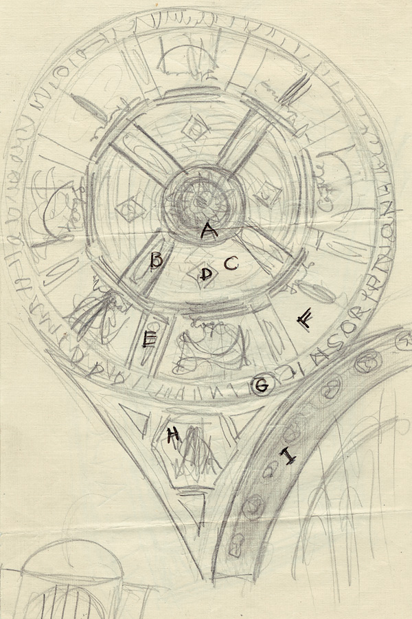 Pencil sketch showing placement of iconography on vestibule dome, pendentives, and arch soffits