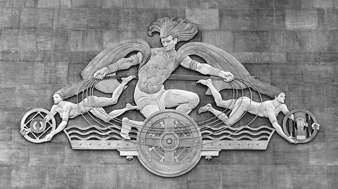 Radio and Television Encompassing the Earth on the 49th Street facade of the RKO Center Theatre, 1932