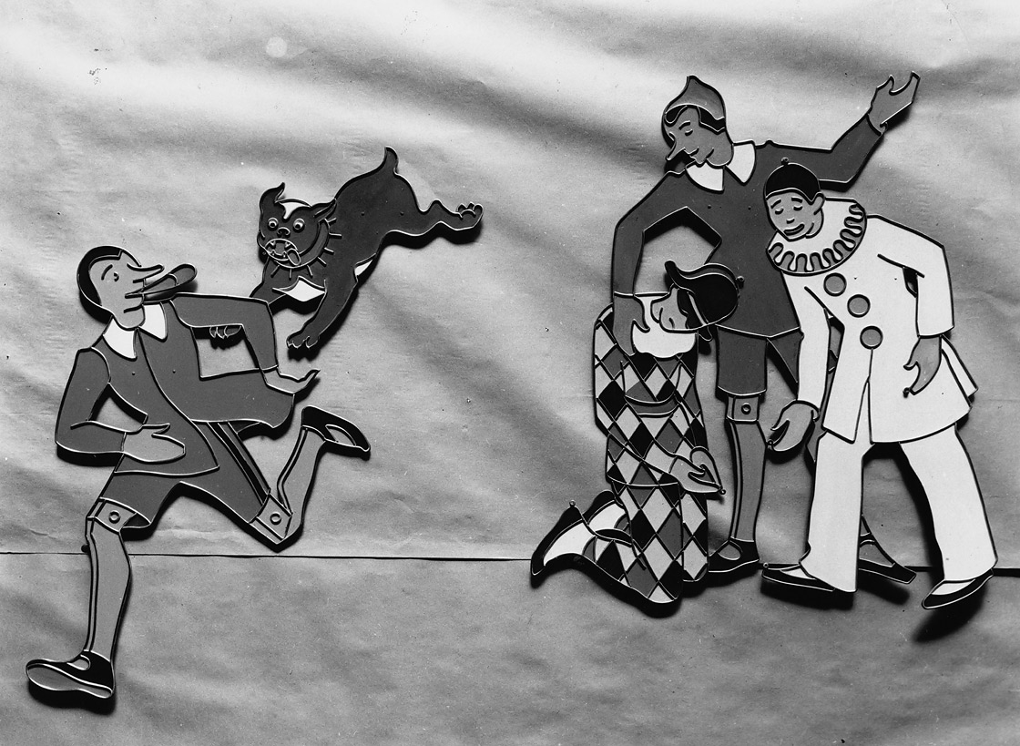Dogfish chases Pinocchio; Pinocchio with Harlequin and Columbine