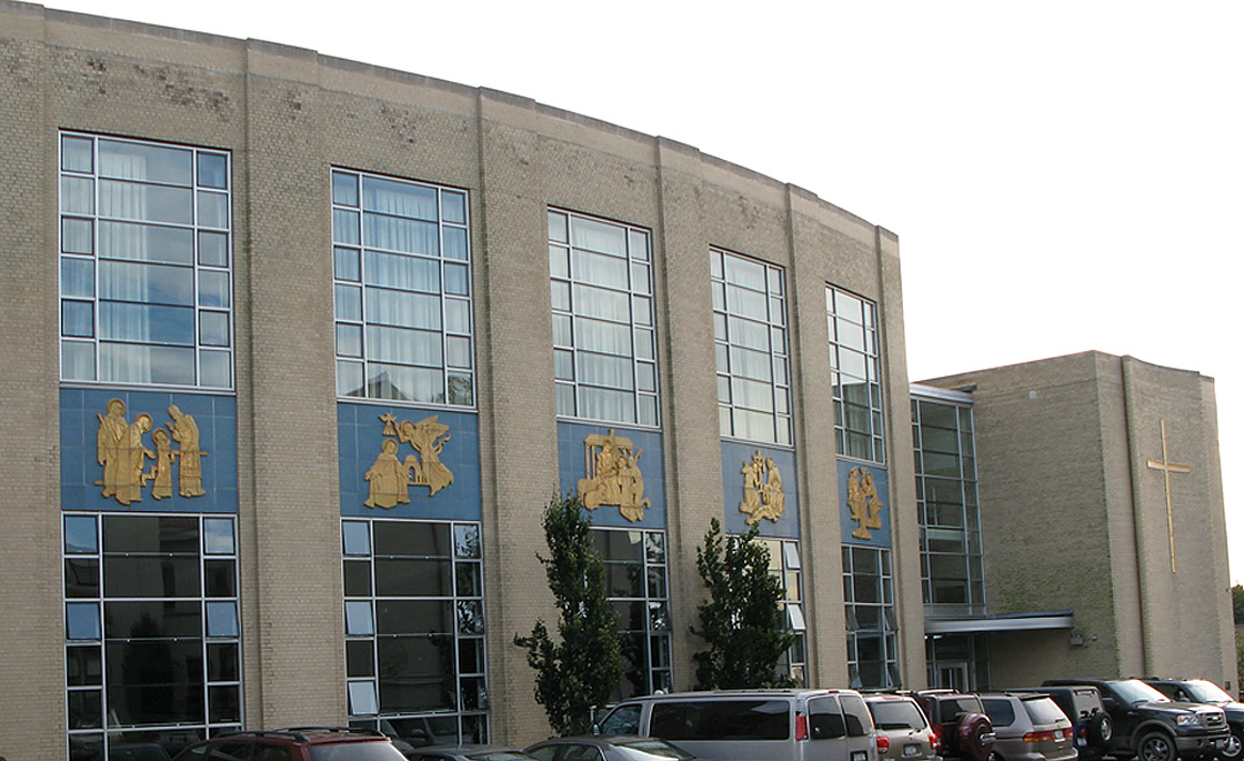 Facade of St. Mary’s High School, with Scenes from the Life of the Blessed Virgin Mary 