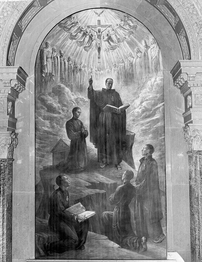 Altarpiece with St. Paul of the Cross Preaching in process of installation. Passionist Historical Archives Collection, McHugh Special Collections, The University of Scranton, Scranton, PA