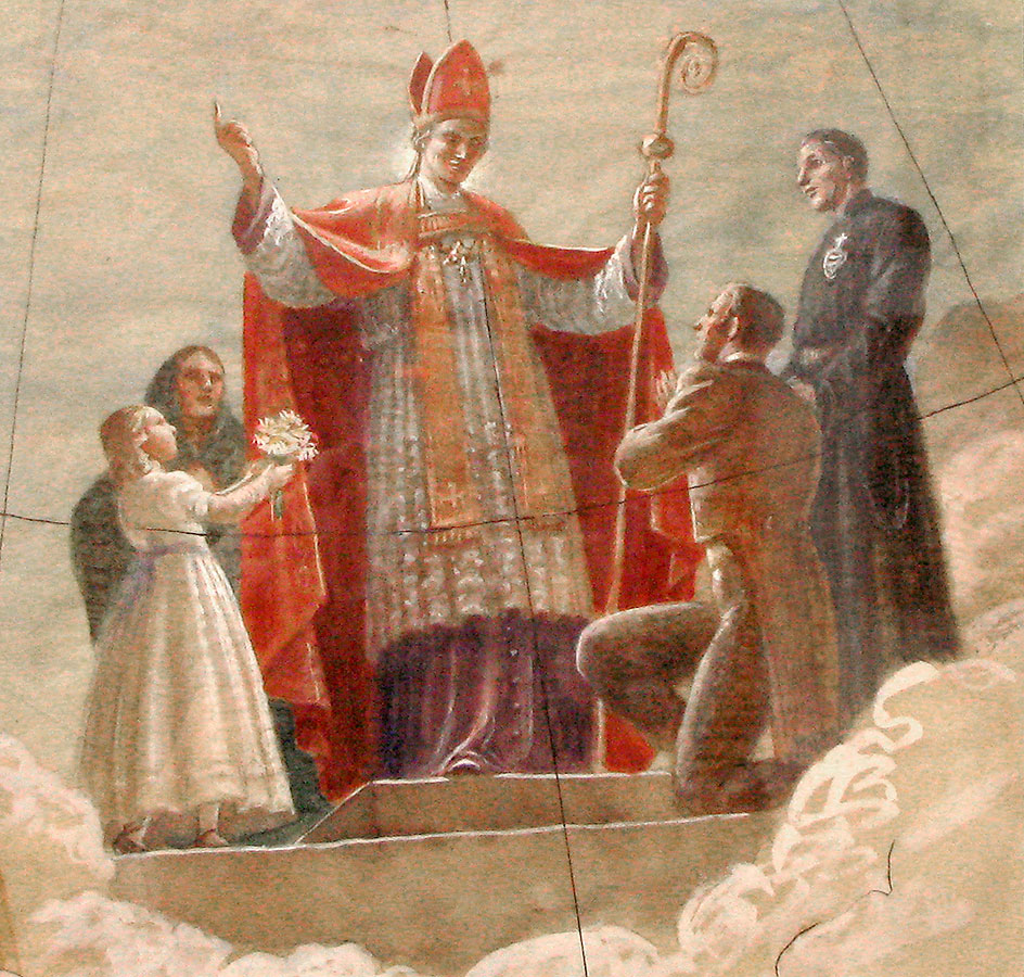 St. Paul of the Cross figure group in gouache on paper showing transfer grid
